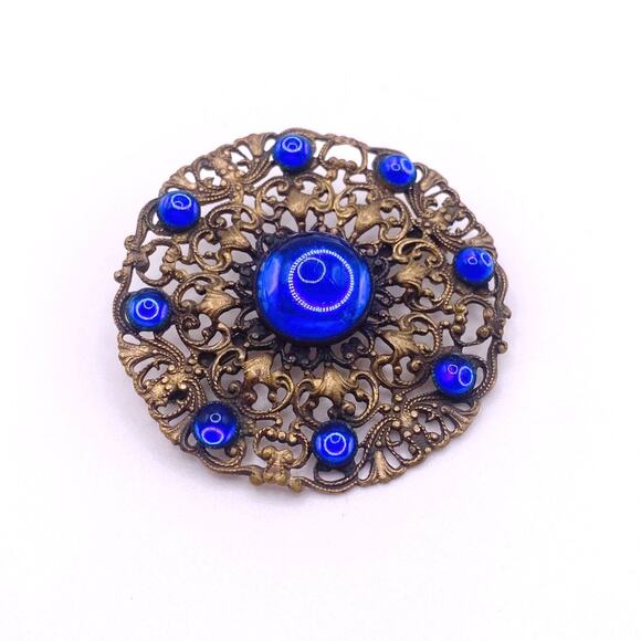 Blue Czech Glass Art Nouveau large Brooch - Picture 2 of 6